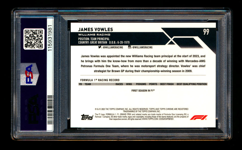 2023 Topps Chrome Sapphire F1 #99 James Vowles 1ST Year Red Refractor #1/5 PSA 10 (First #!)