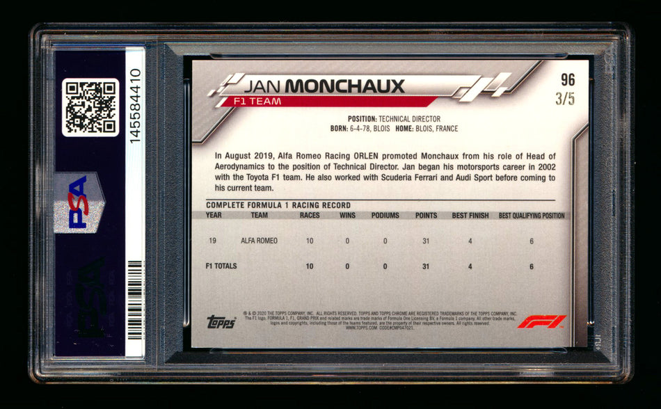 2020 Topps Chrome Sapphire F1 #96 Jan Monchaux RC Red Refractor #3/5 PSA 7
