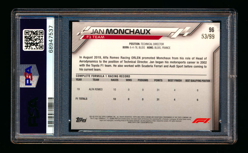 2020 Topps Chrome Sapphire F1 #96 Jan Monchaux RC Aqua Refractor #53/99 PSA 9