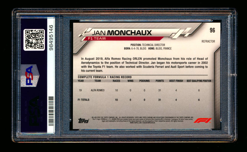 2020 Topps Chrome F1 #96 Jan Monchaux RC Refractor PSA 10 ** (SOLD - $65.00 - 9/19/2025) **
