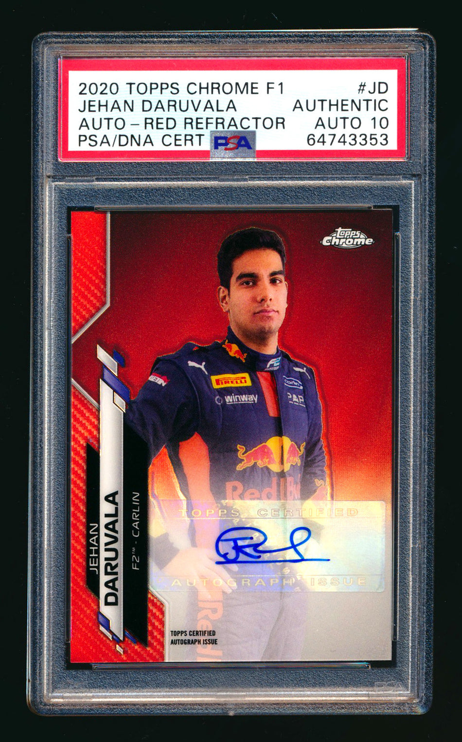 2020 Topps Chrome F1 #F1A-JD Jehan Daruvala RC Red Refractor Autograph #5/5 PSA Authentic Auto 10 (Last #!)