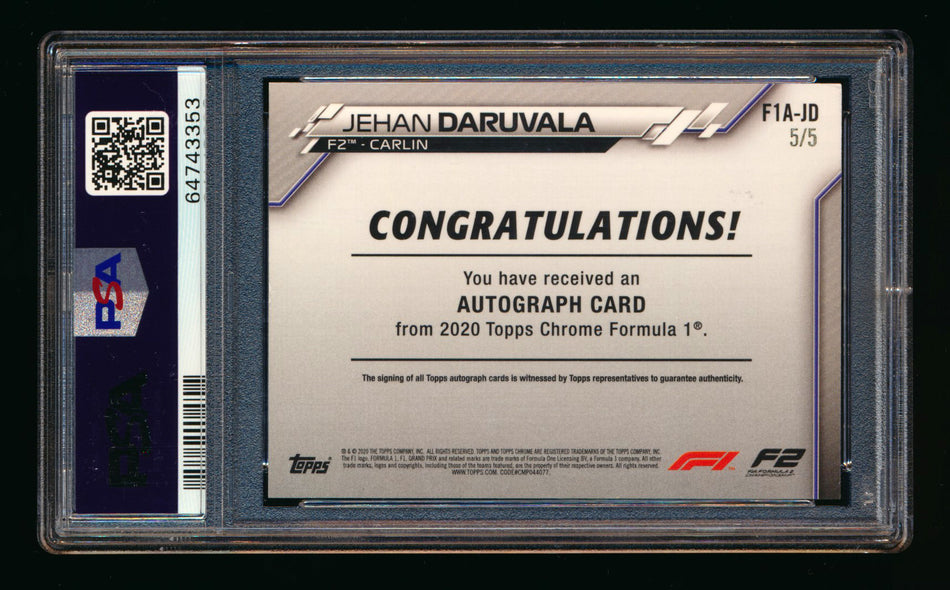 2020 Topps Chrome F1 #F1A-JD Jehan Daruvala RC Red Refractor Autograph #5/5 PSA Authentic Auto 10 (Last #!)