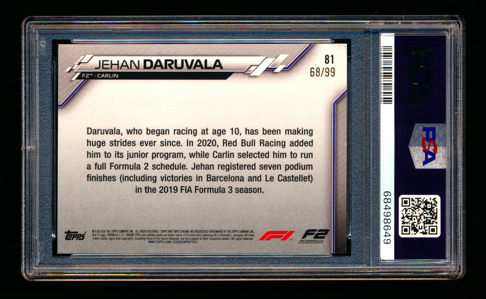 2020 Topps Chrome Sapphire F1 #81 Jehan Daruvala RC Aqua Refractor #68/99 PSA 8