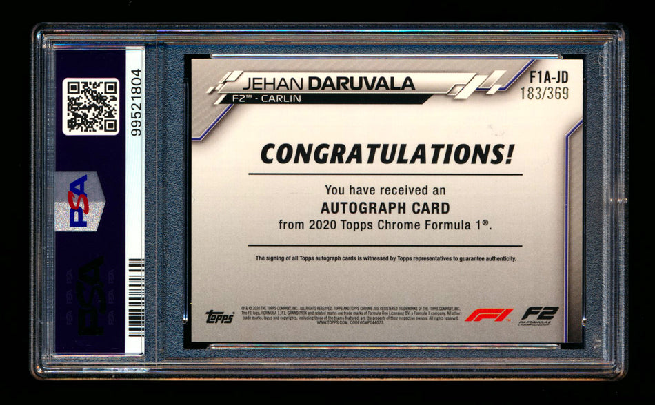 2020 Topps Chrome F1 #F1A-JD Jehan Daruvala RC Refractor Autograph #183/369 PSA 7 DNA 10