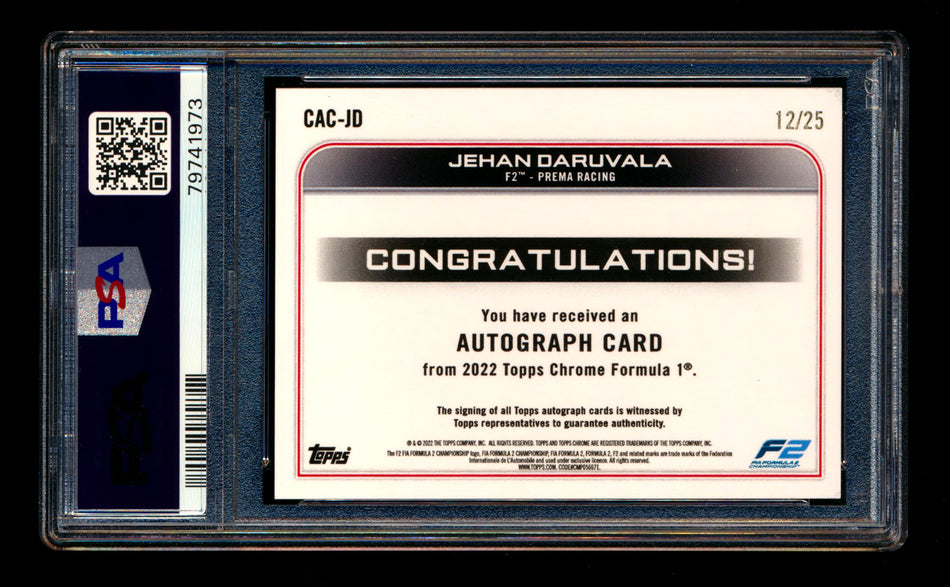 2022 Topps Chrome F1 #CAC-JD Jehan Daruvala RC Orange Refractor Autograph #12/25 PSA 9 DNA 10