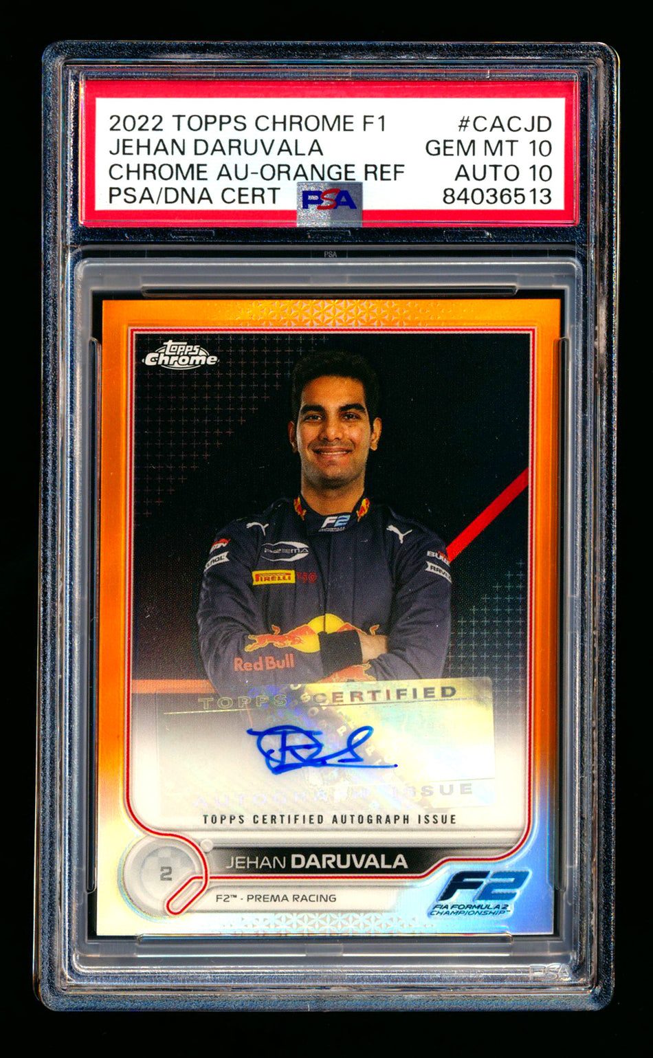 2022 Topps Chrome F1 #CAC-JD Jehan Daruvala RC Orange Refractor Autograph #20/25 PSA 10 DNA 10