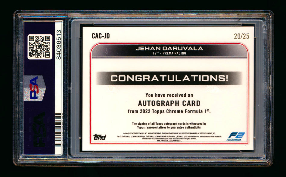 2022 Topps Chrome F1 #CAC-JD Jehan Daruvala RC Orange Refractor Autograph #20/25 PSA 10 DNA 10