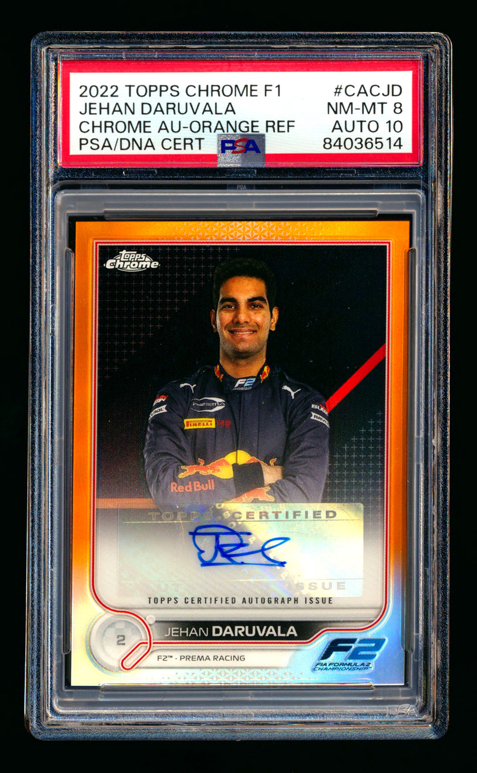 2022 Topps Chrome F1 #CAC-JD Jehan Daruvala RC Orange Refractor Autograph #25/25 PSA 8 DNA 10 (Last #!)