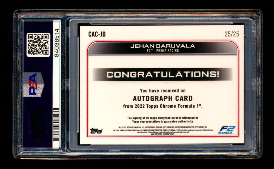 2022 Topps Chrome F1 #CAC-JD Jehan Daruvala RC Orange Refractor Autograph #25/25 PSA 8 DNA 10 (Last #!)