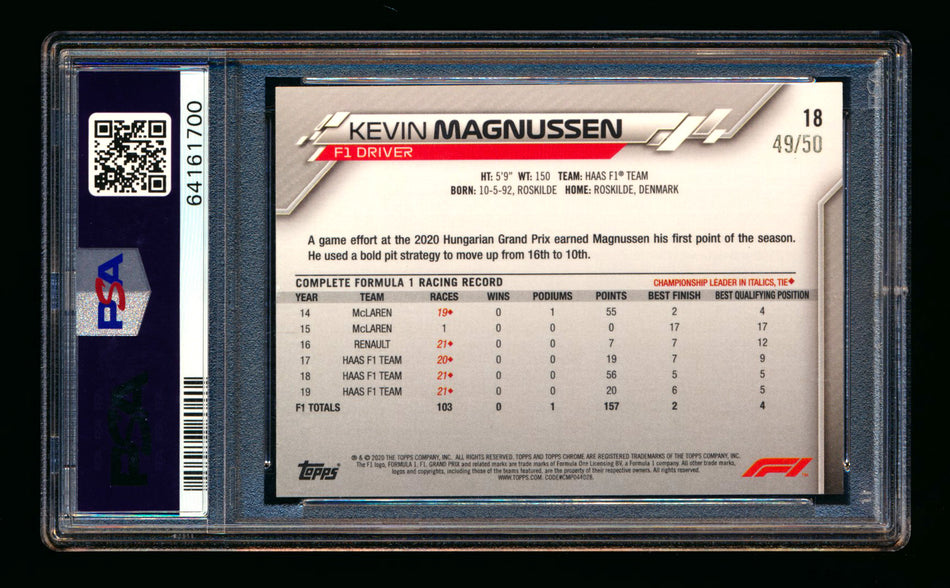 2020 Topps Chrome F1 #18 Kevin Magnussen RC Gold Refractor Portrait #49/50 PSA 8