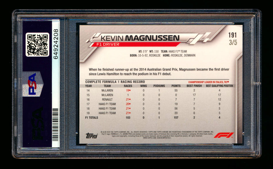 2020 Topps Chrome Sapphire F1 #191 Kevin Magnussen RC Red Refractor #3/5 PSA 8 ** (SOLD eBay - $650.00 - 5/31/2026) **