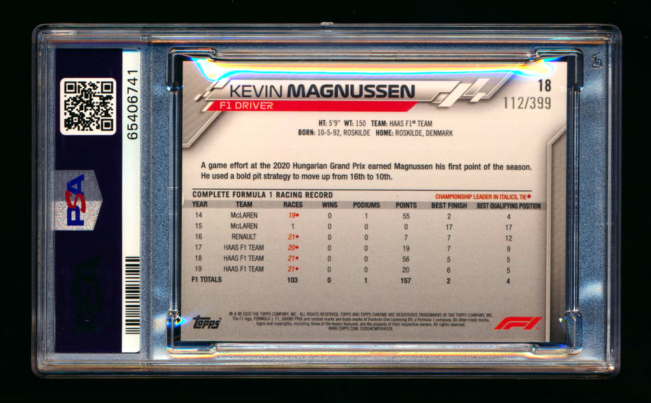 2020 Topps Chrome F1 #18 Kevin Magnussen RC Purple Refractor Portrait #112/399 PSA 10