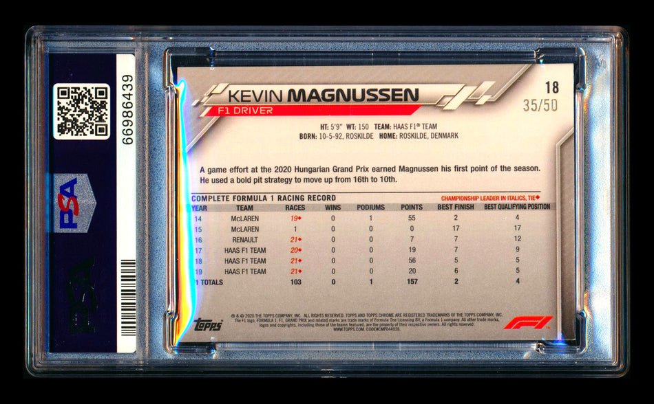 2020 Topps Chrome F1 #18 Kevin Magnussen RC Gold Refractor Portrait #35/50 PSA 8