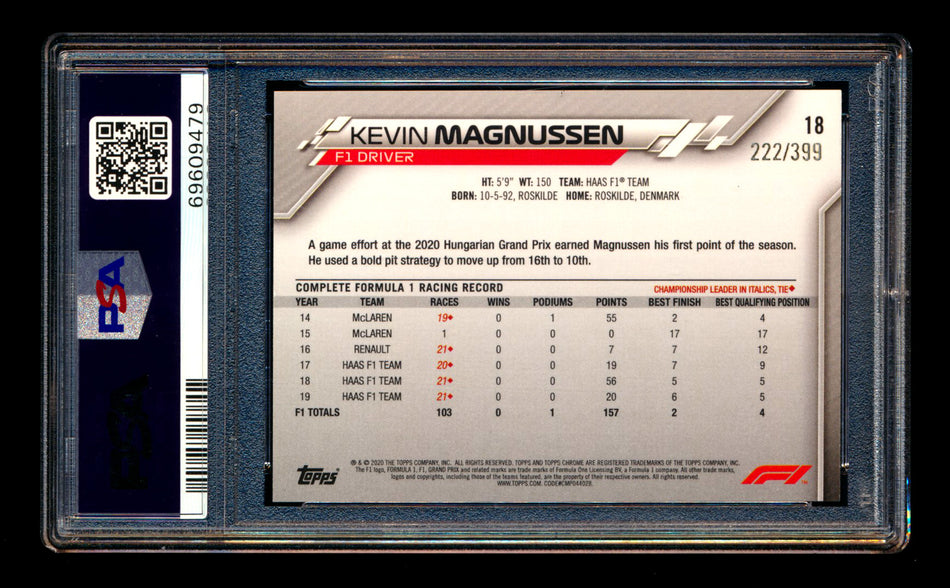 2020 Topps Chrome F1 #18 Kevin Magnussen RC Purple Refractor Portrait #222/399 PSA 10