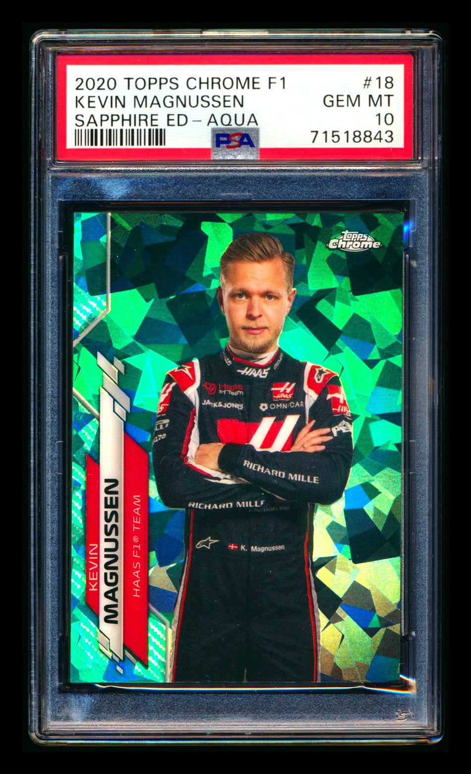 2020 Topps Chrome Sapphire F1 #18 Kevin Magnussen RC Aqua Refractor Portrait #34/99 PSA 10