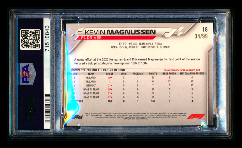 2020 Topps Chrome Sapphire F1 #18 Kevin Magnussen RC Aqua Refractor Portrait #34/99 PSA 10