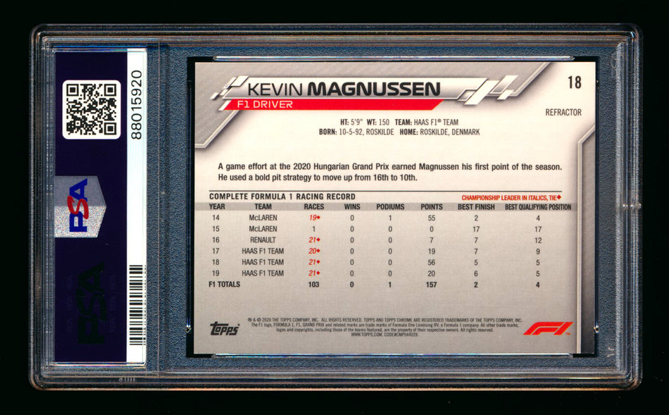 2020 Topps Chrome F1 #18 Kevin Magnussen RC Refractor Portrait PSA 10