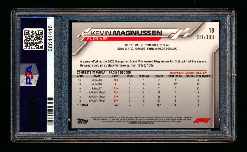 2020 Topps Chrome F1 #18 Kevin Magnussen RC Purple Refractor Portrait #391/399 PSA 10