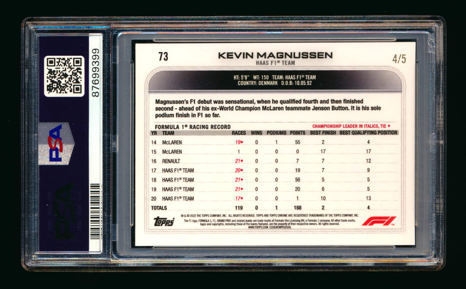2022 Topps Chrome F1 #73 Kevin Magnussen Red Refractor Portrait #4/5 PSA 9