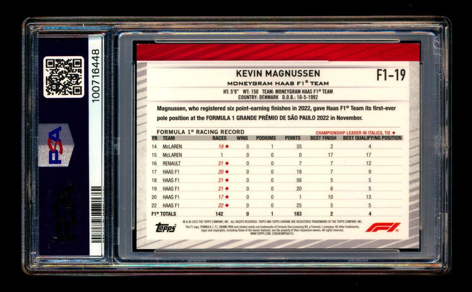 2023 Topps Chrome NSCC F1 #F1-19 Kevin Magnussen Superfractor #1/1 PSA 8 - POP 1!