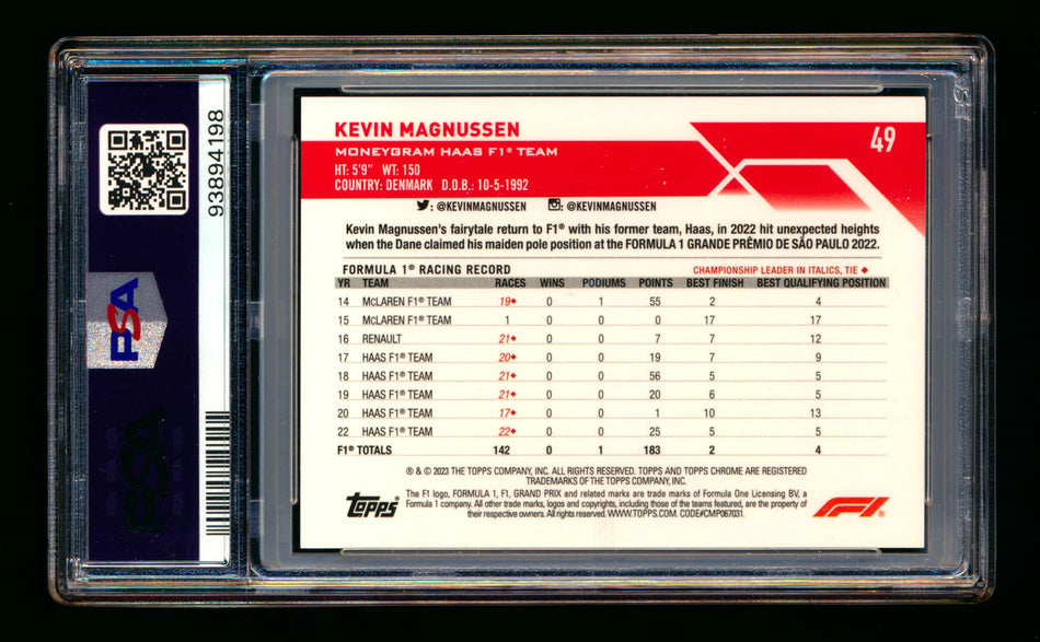 2023 Topps Chrome Sapphire F1 #49 Kevin Magnussen Purple Refractor Portrait #08/10 PSA 10 - POP 1!