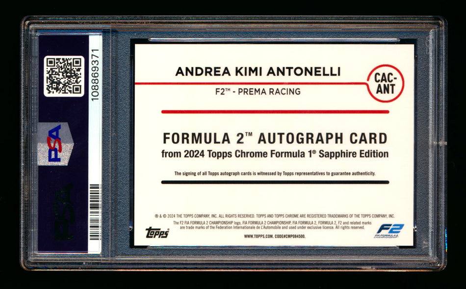 2024 Topps Chrome Sapphire F1 #CAC-ANT Andrea Kimi Antonelli RC Refractor Autograph PSA 10