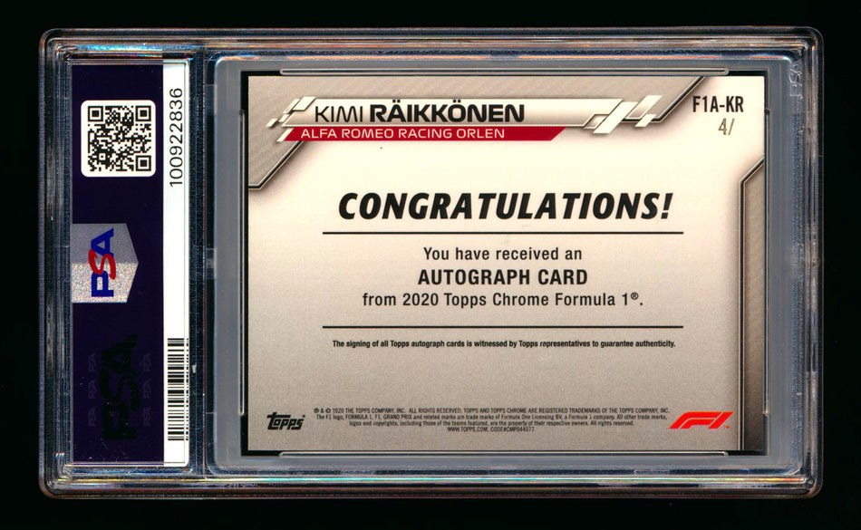 2020 Topps Chrome F1 #F1A-KR Kimi Raikkonen RC Red Refractor Autograph #4/5 PSA 7 ** (SOLD - $8,000.00 - 11/18/2025) **