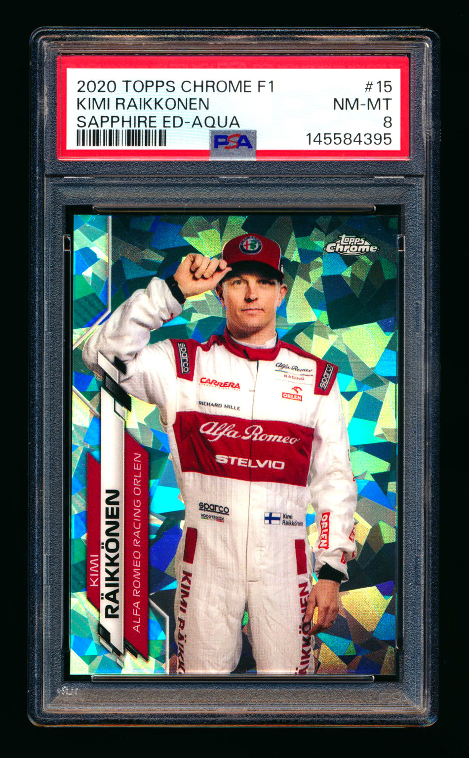 2020 Topps Chrome Sapphire F1 #15 Kimi Raikkonen RC Aqua Refractor Portrait #26/99 PSA 8