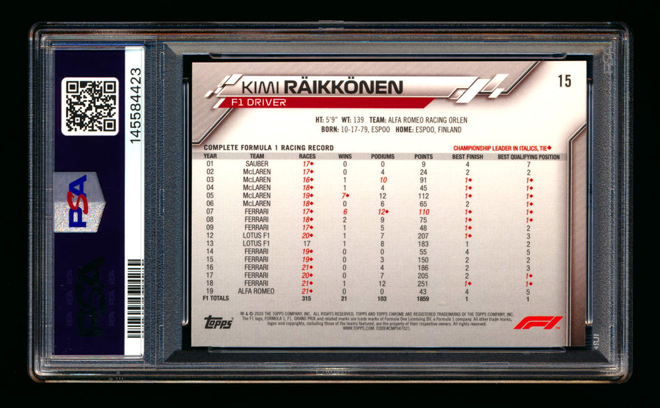 2020 Topps Chrome Sapphire F1 #15 Kimi Raikkonen RC Refractor Portrait PSA 9