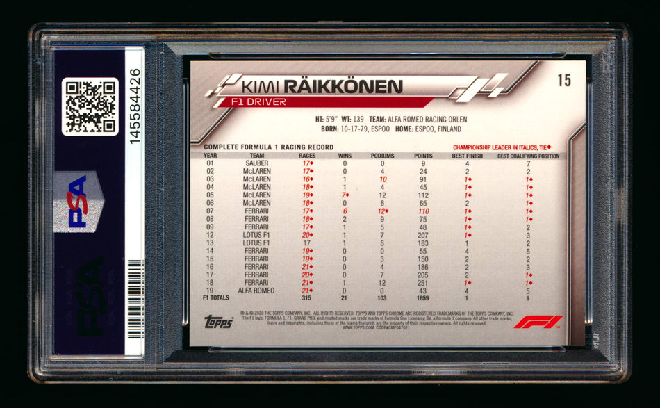 2020 Topps Chrome Sapphire F1 #15 Kimi Raikkonen RC Refractor Portrait PSA 10 ** (SOLD eBay - $70.00 - 5/11/2026) **