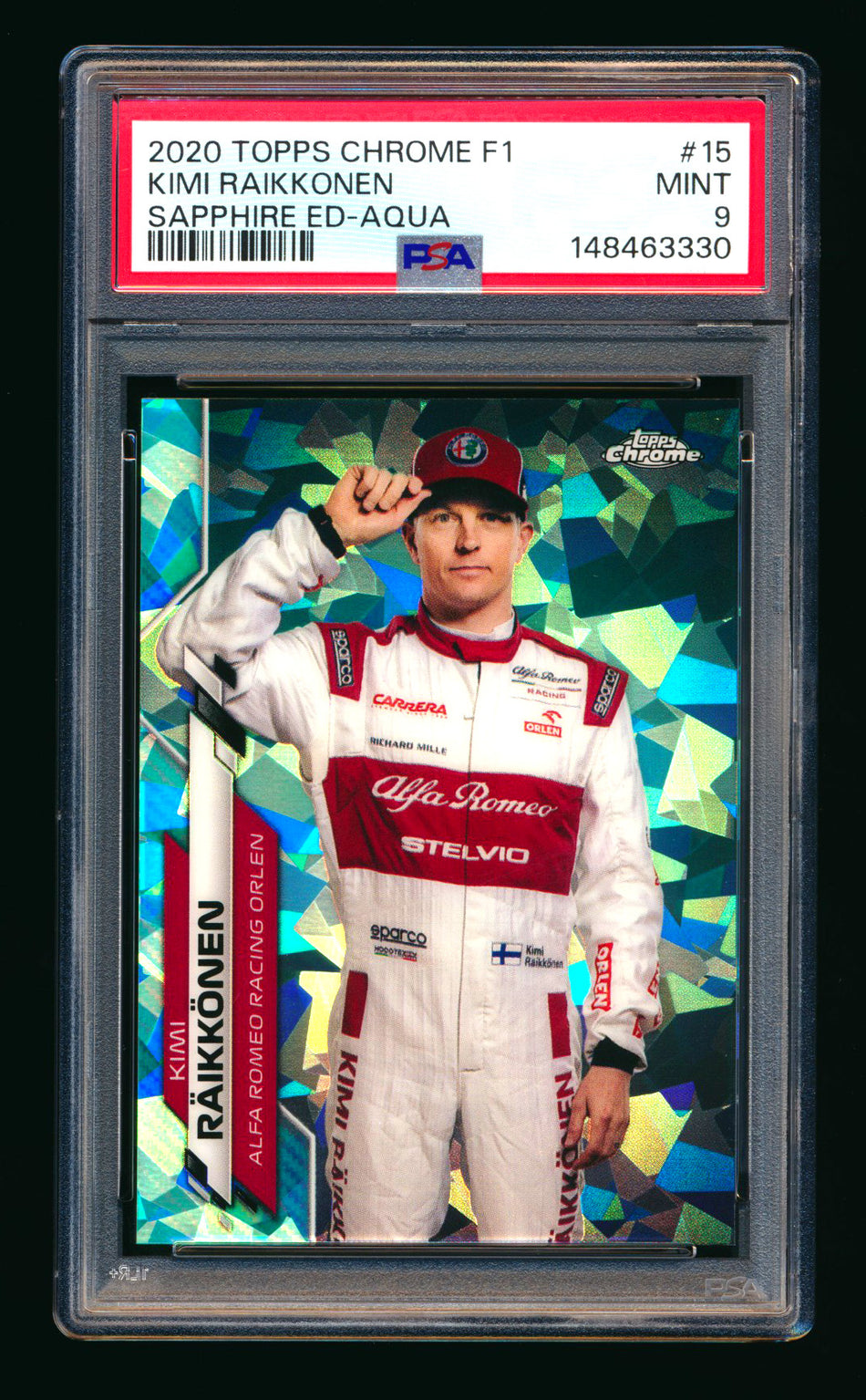 2020 Topps Chrome Sapphire F1 #15 Kimi Raikkonen RC Aqua Refractor Portrait #38/99 PSA 9