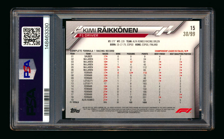 2020 Topps Chrome Sapphire F1 #15 Kimi Raikkonen RC Aqua Refractor Portrait #38/99 PSA 9