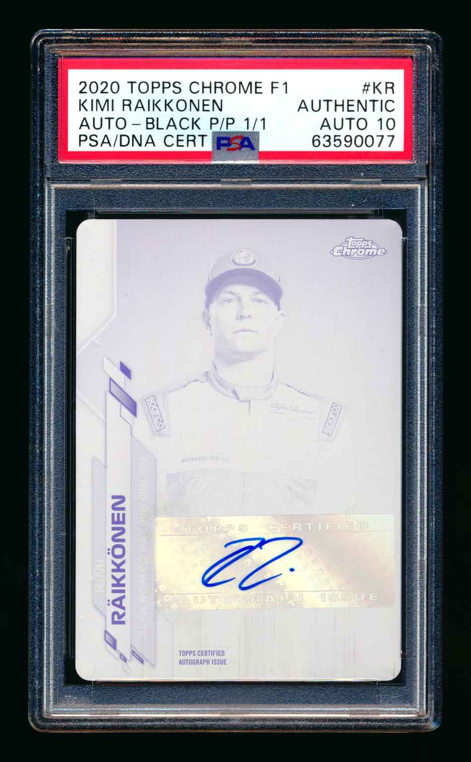 2020 Topps Chrome F1 #F1A-KR Kimi Raikkonen RC Black Printing Plate Autograph #1/1 PSA Authentic DNA 10