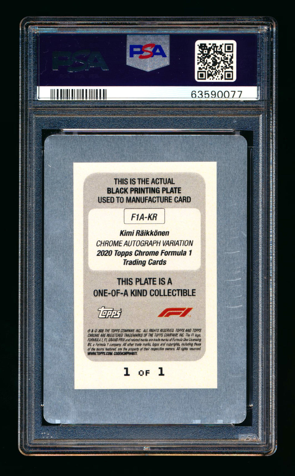 2020 Topps Chrome F1 #F1A-KR Kimi Raikkonen RC Black Printing Plate Autograph #1/1 PSA Authentic DNA 10