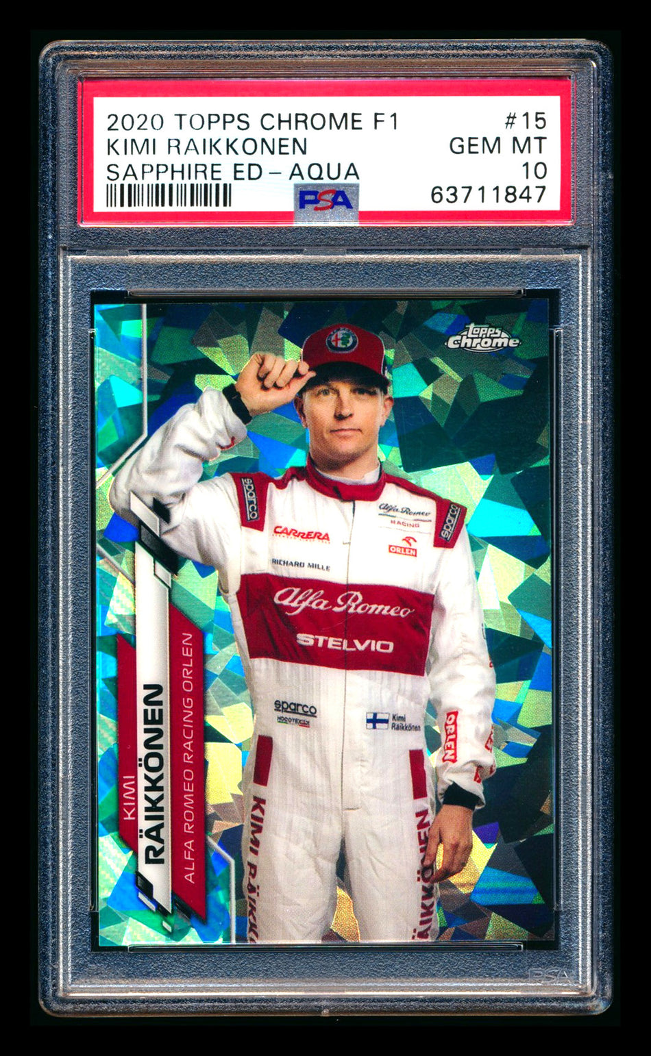 2020 Topps Chrome Sapphire F1 #15 Kimi Raikkonen RC Aqua Refractor Portrait #50/99 PSA 10