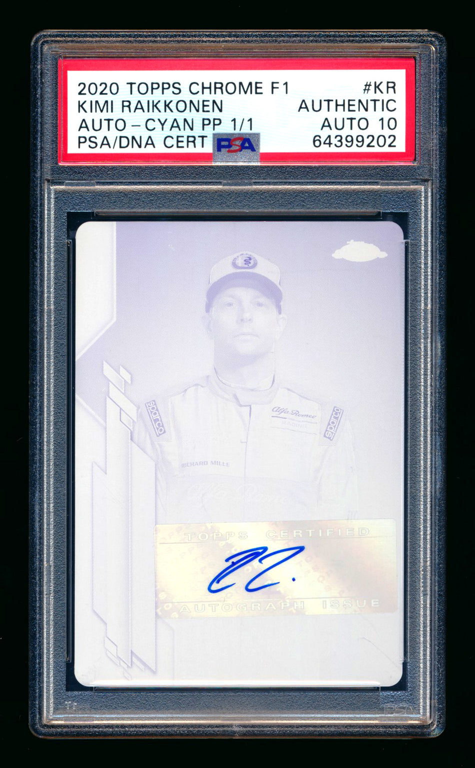 2020 Topps Chrome F1 #F1A-KR Kimi Raikkonen RC Cyan Printing Plate Autograph #1/1 PSA Authentic DNA 10