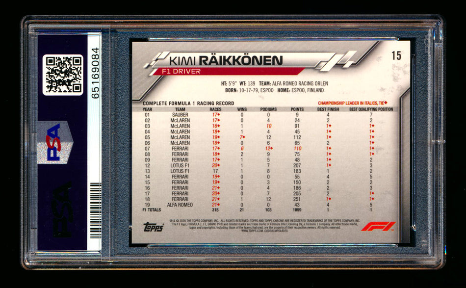 2020 Topps Chrome F1 #15 Kimi Raikkonen RC 70th Anniversary Gold Refractor Portrait PSA 10