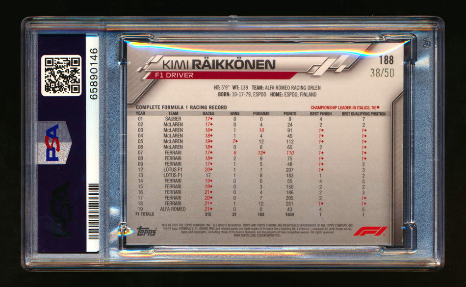 2020 Topps Chrome Sapphire F1 #188 Kimi Raikkonen RC Gold Refractor #38/50 PSA 9 ** (SOLD eBay - $95.00 - 3/11/2025) **