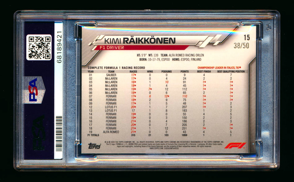 2020 Topps Chrome F1 #15 Kimi Raikkonen RC Gold Refractor Portrait #38/50 PSA 9