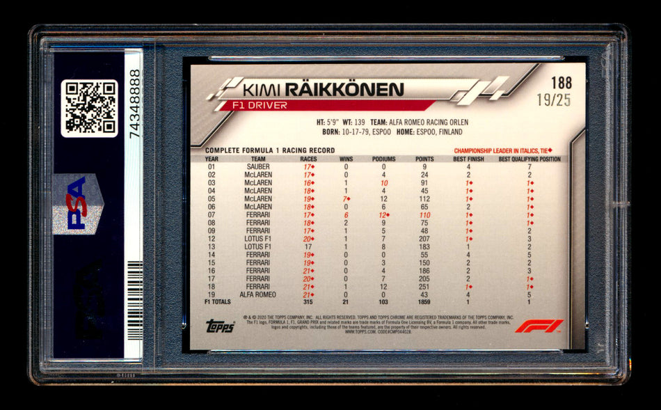 2020 Topps Chrome F1 #188 Kimi Raikkonen RC Orange Refractor #19/25 PSA 8