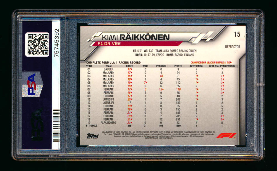 2020 Topps Chrome F1 #15 Kimi Raikkonen RC Refractor Portrait PSA 10 ** (SOLD eBay - $100.00 - 9/27/2025) **