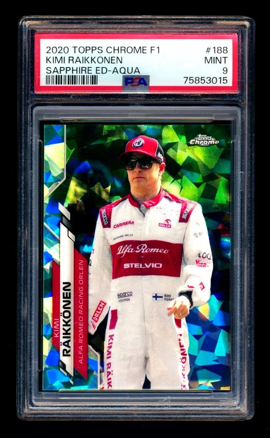 2020 Topps Chrome Sapphire F1 #188 Kimi Raikkonen RC Aqua Refractor #45/99 PSA 9