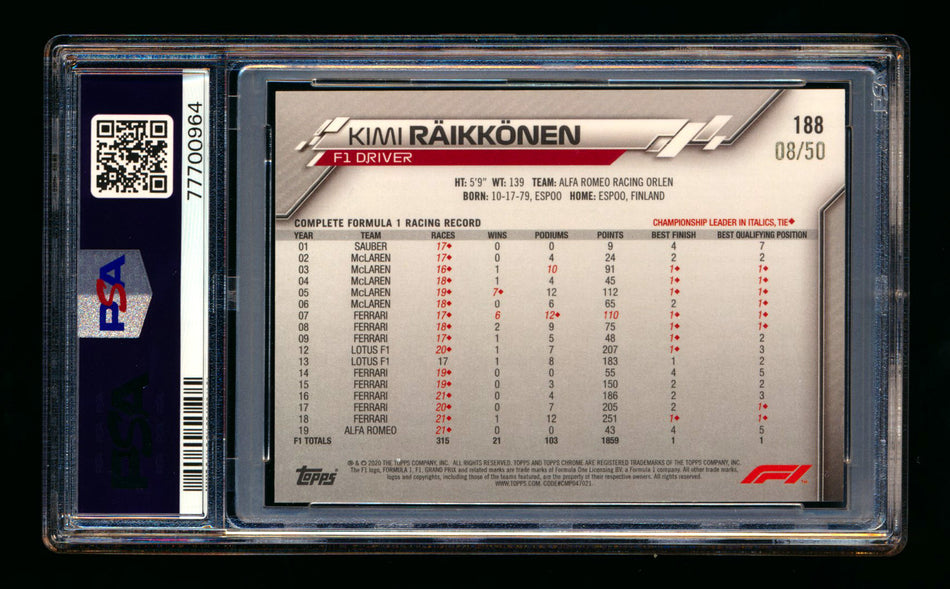 2020 Topps Chrome Sapphire F1 #188 Kimi Raikkonen RC Gold Refractor #08/50 PSA 9 ** (SOLD eBay - $89.00 - 3/11/2025) **
