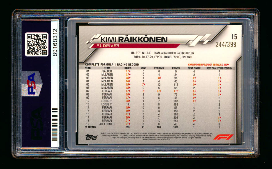 2020 Topps Chrome F1 #15 Kimi Raikkonen RC Purple Refractor Portrait #244/399 PSA 8
