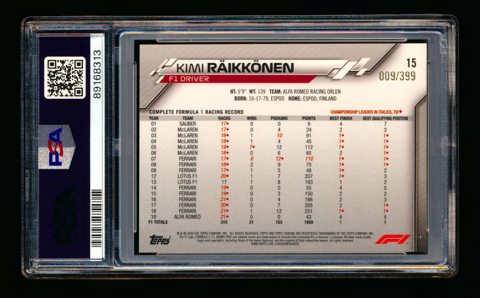 2020 Topps Chrome F1 #15 Kimi Raikkonen RC Purple Refractor Portrait #009/399 PSA 9