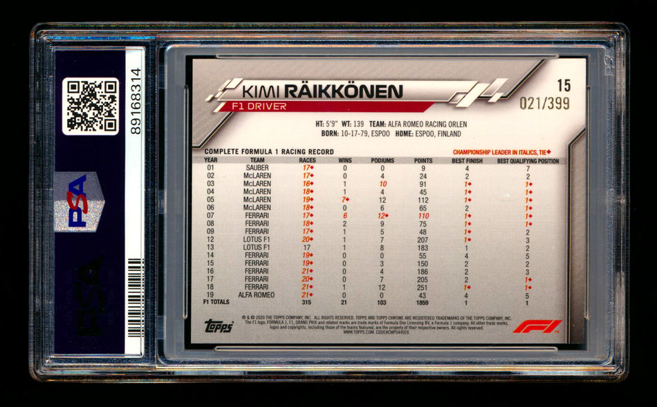2020 Topps Chrome F1 #15 Kimi Raikkonen RC Purple Refractor Portrait #021/399 PSA 9