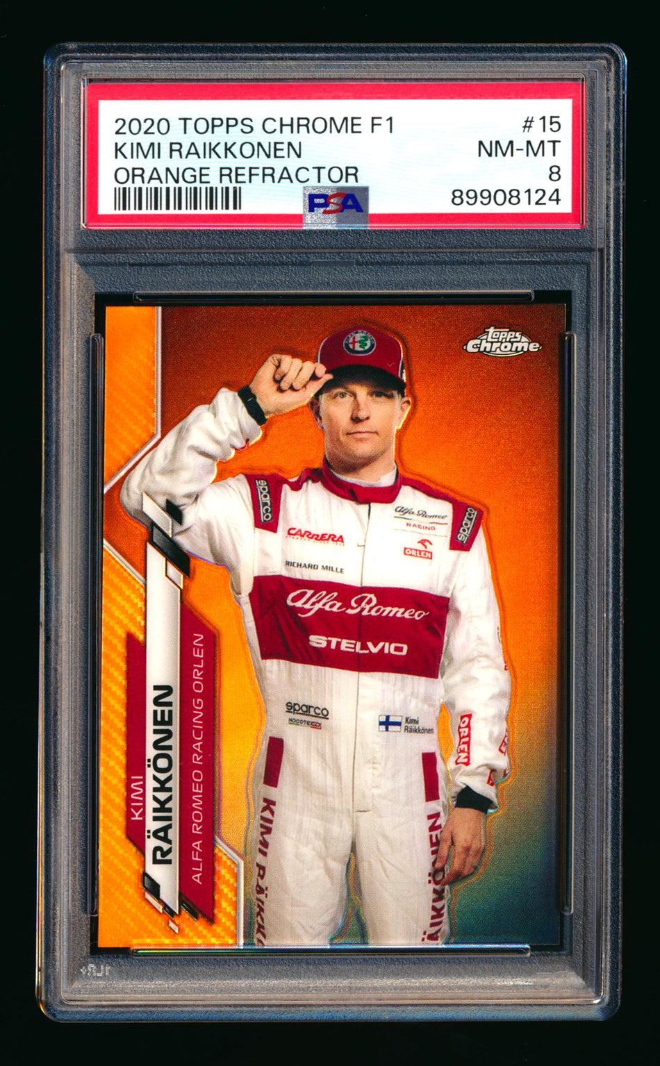 2020 Topps Chrome F1 #15 Kimi Raikkonen RC Orange Refractor Portrait #23/25 PSA 8