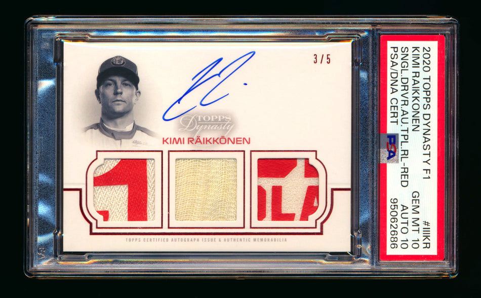 2020 Topps Dynasty F1 #TRA-IIIKR Kimi Raikkonen ROOKIE Red Triple Patch Autograph #3/5 PSA 10 DNA 10 ** (SOLD - $1,629.00 - 12/13/2024) **