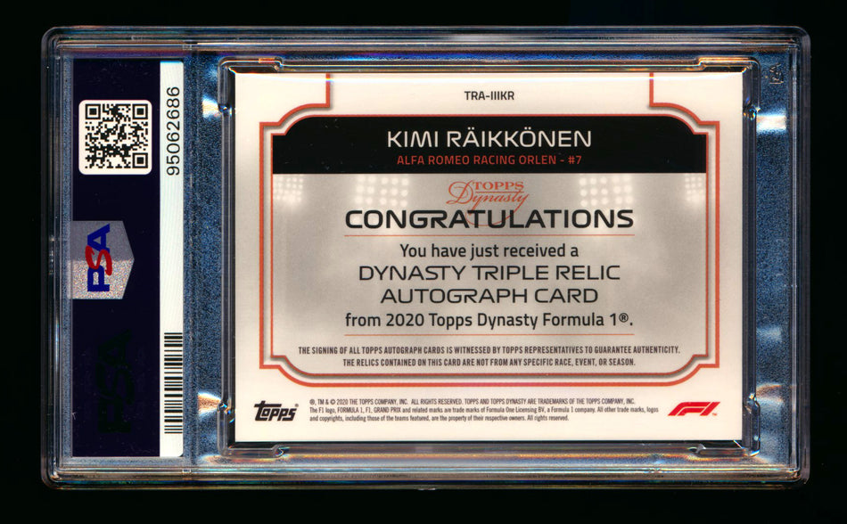 2020 Topps Dynasty F1 #TRA-IIIKR Kimi Raikkonen ROOKIE Red Triple Patch Autograph #3/5 PSA 10 DNA 10 ** (SOLD - $1,629.00 - 12/13/2024) **