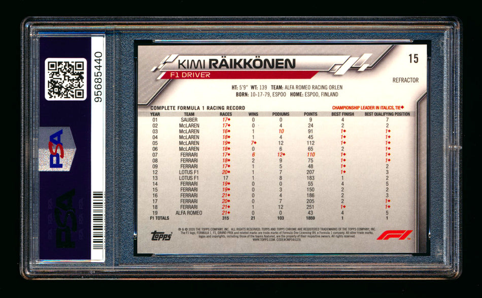 2020 Topps Chrome F1 #15 Kimi Raikkonen RC Refractor Portrait PSA 10